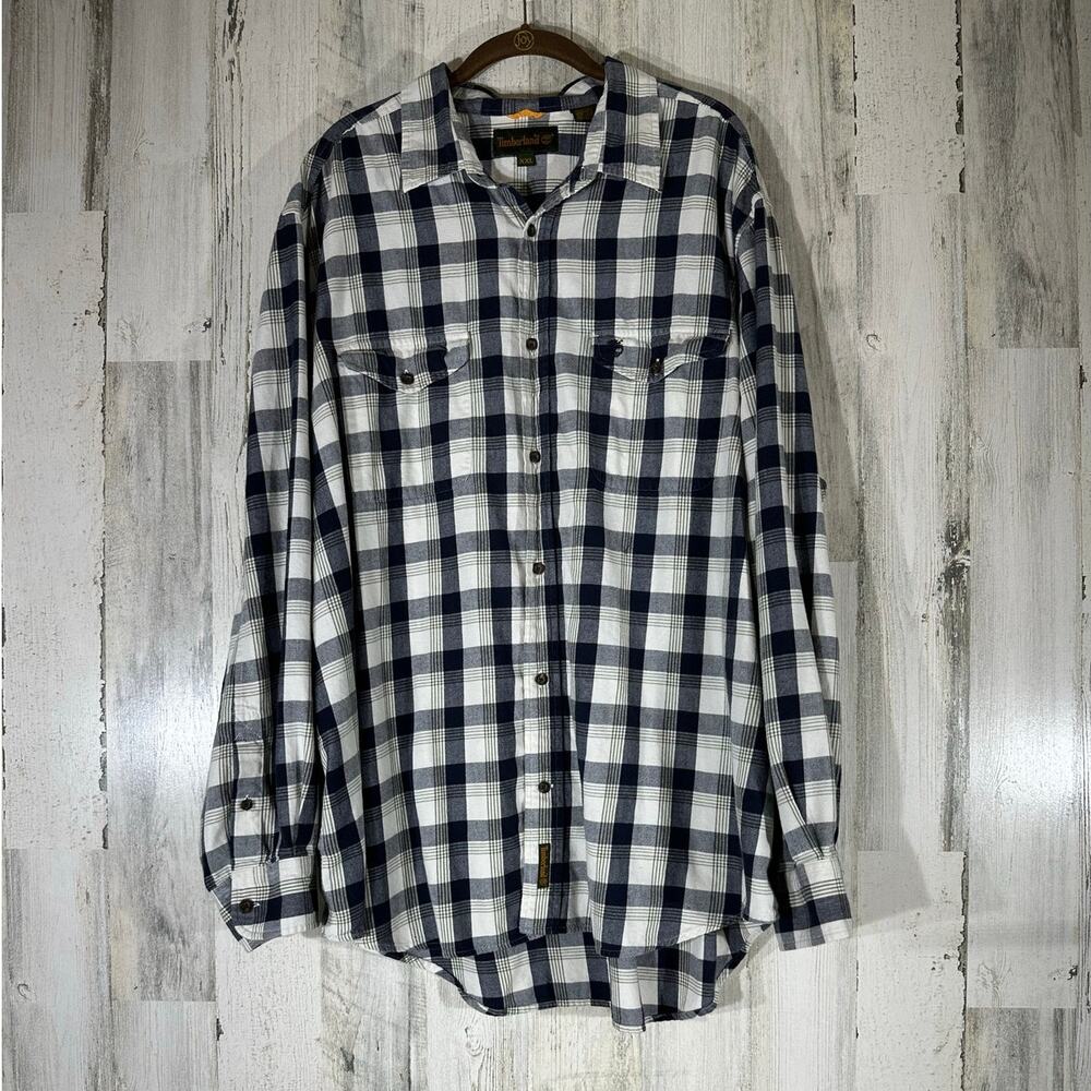 Timberland Mens Button Up Size XXL Navy Plaid Cotton Vintage Hong Kong READ